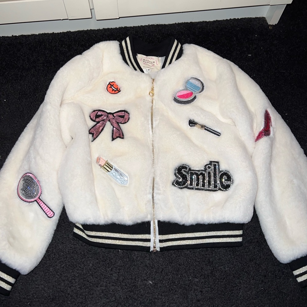 Hannah Banana girls white fur bomber jacket
